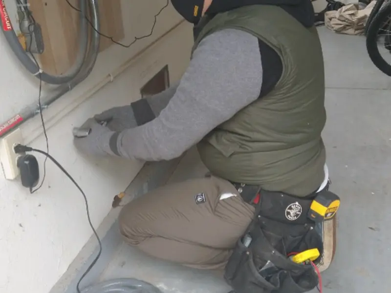 Electrician performing outlet wiring in a Medina garage